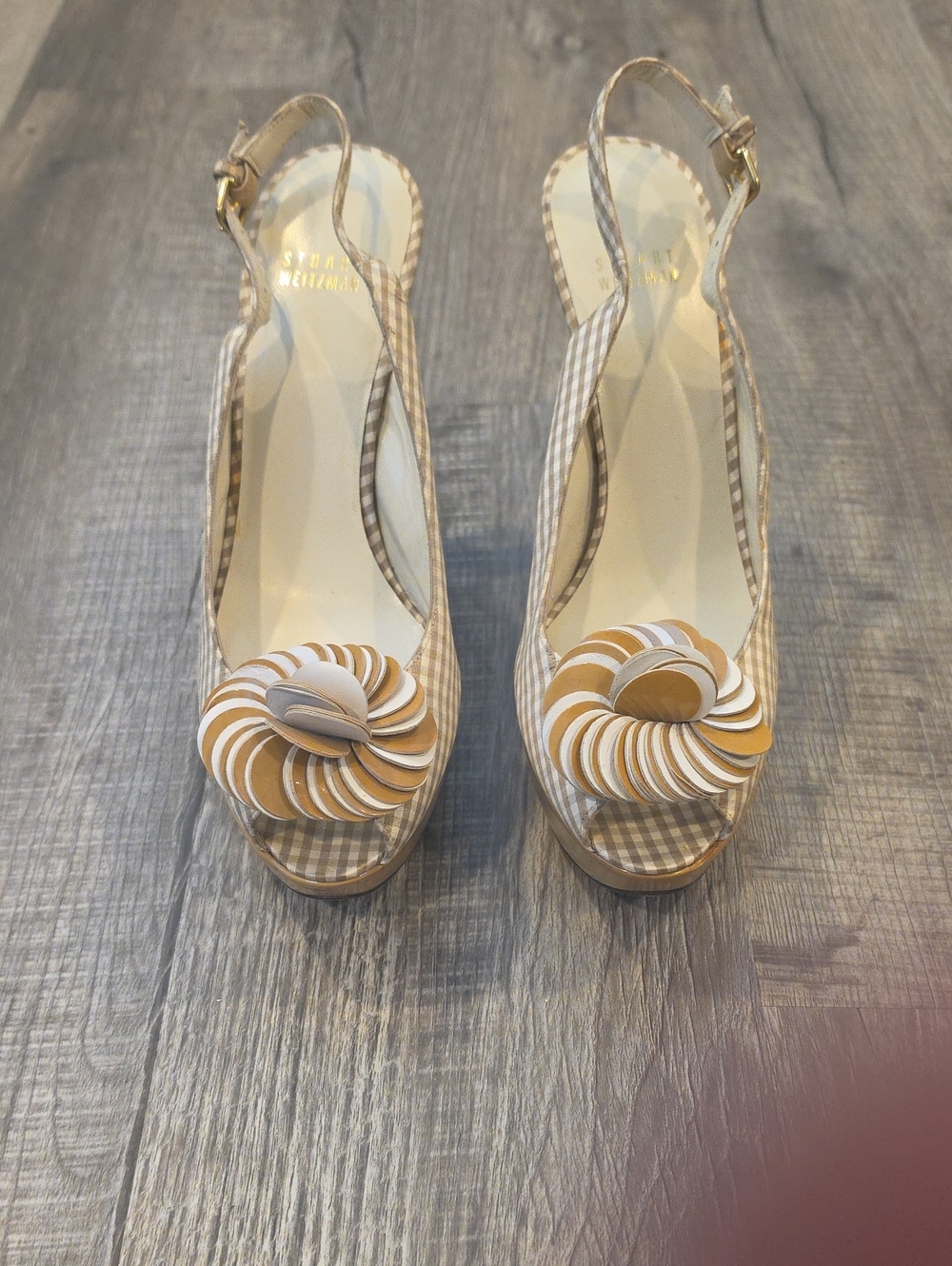 Stuart Weitzman Beige & White Gingham Slingback Heels with Floral Rosette